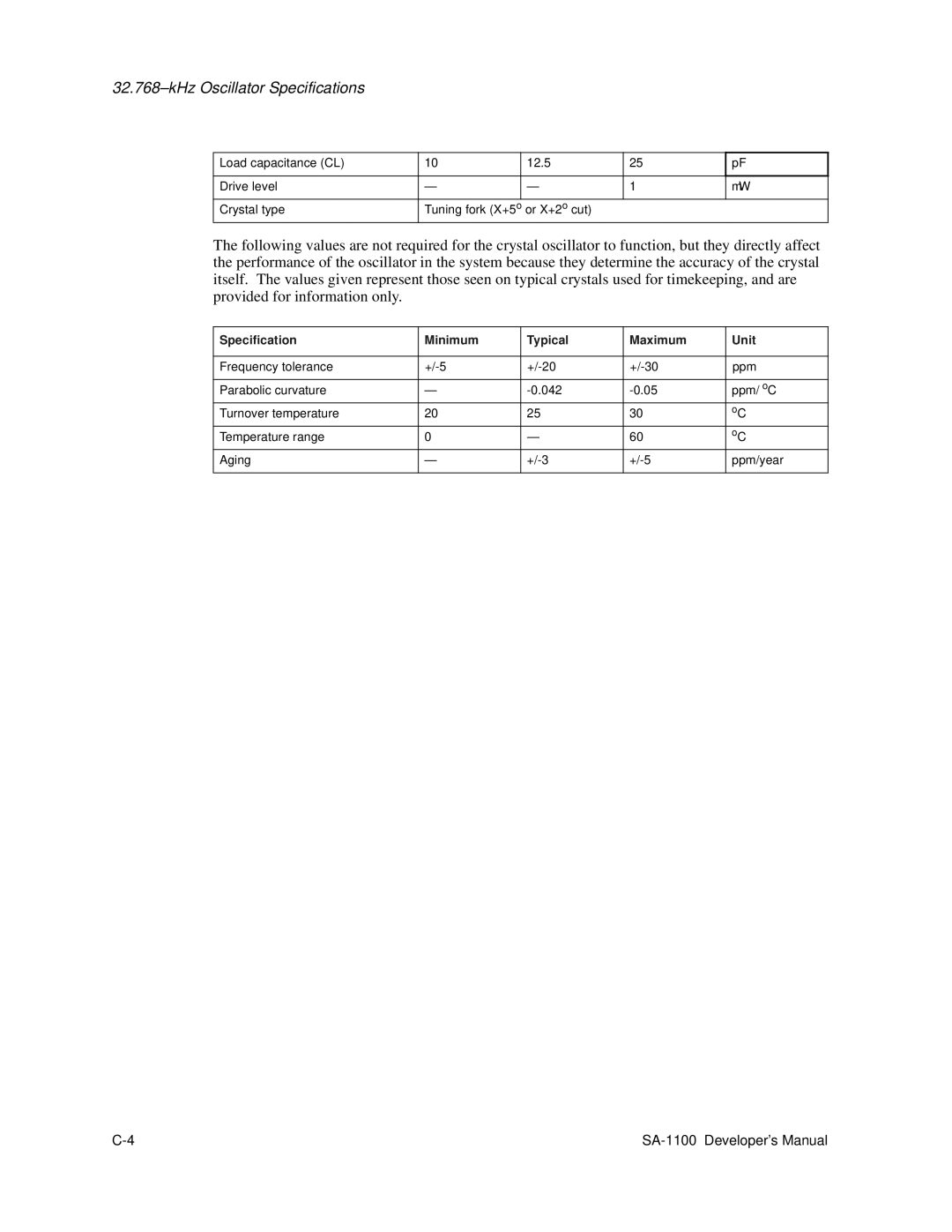 Intel SA-1100 manual KHz Oscillator Specifications 