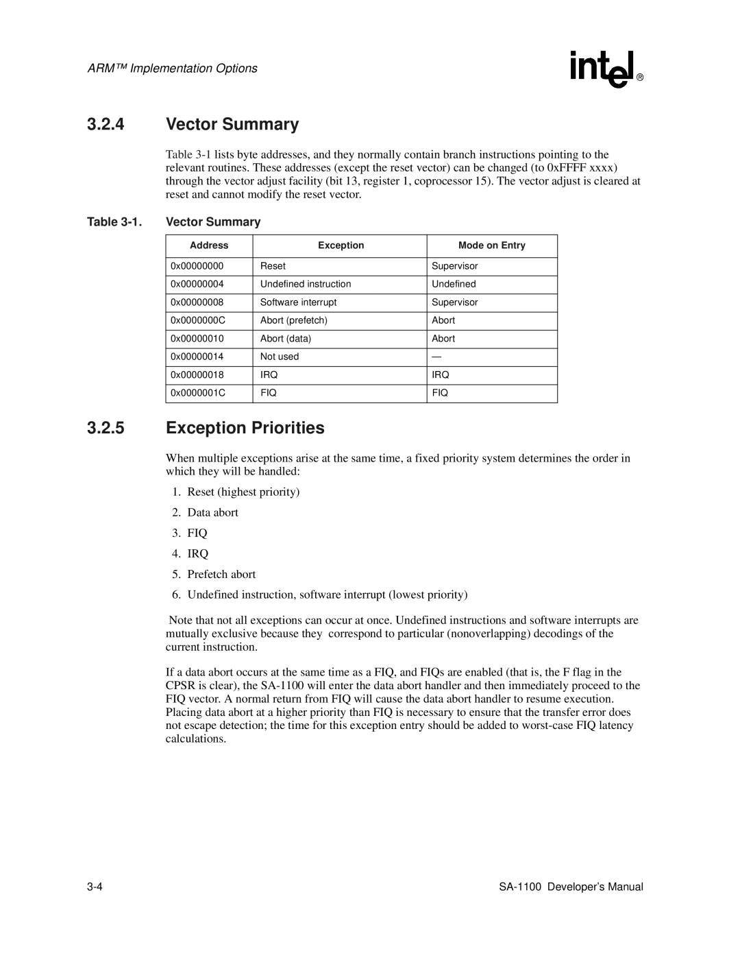 Intel SA-1100 manual Vector Summary, Exception Priorities, Address Exception Mode on Entry 