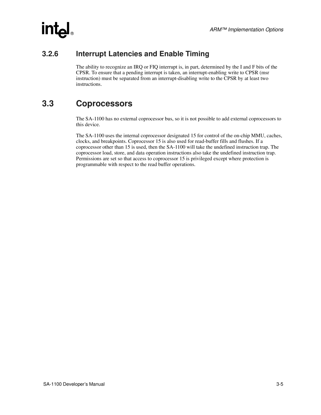 Intel SA-1100 manual Coprocessors, Interrupt Latencies and Enable Timing 