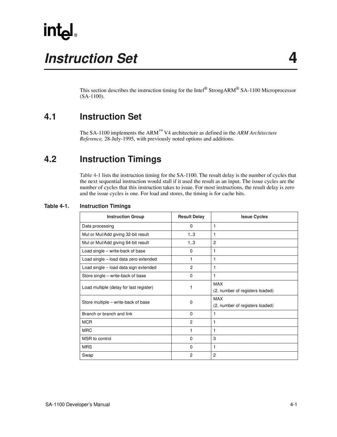 Intel SA-1100 manual Instruction Set, Instruction Timings, Instruction Group Result Delay Issue Cycles 