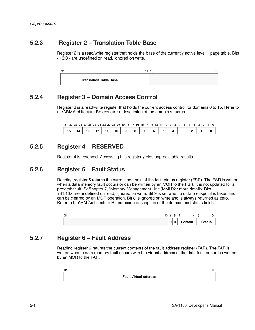 Intel SA-1100 manual Register 2 Translation Table Base, Register 3 Domain Access Control, Register 4 Reserved 