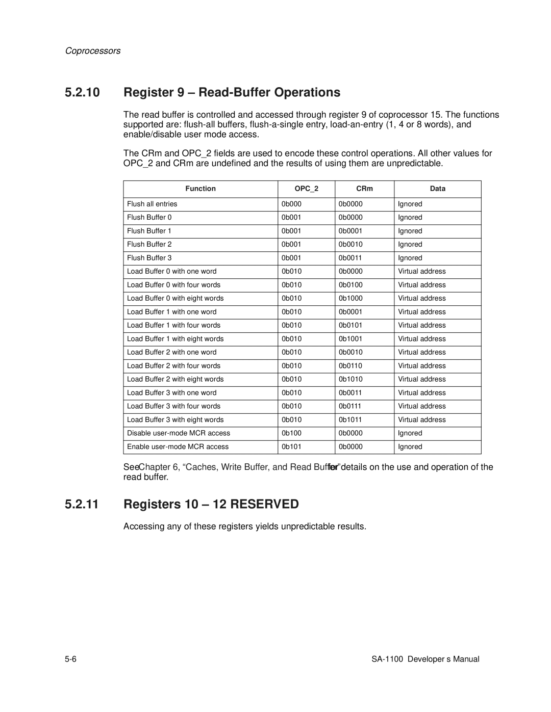 Intel SA-1100 manual Register 9 Read-Buffer Operations, Registers 10 12 Reserved 