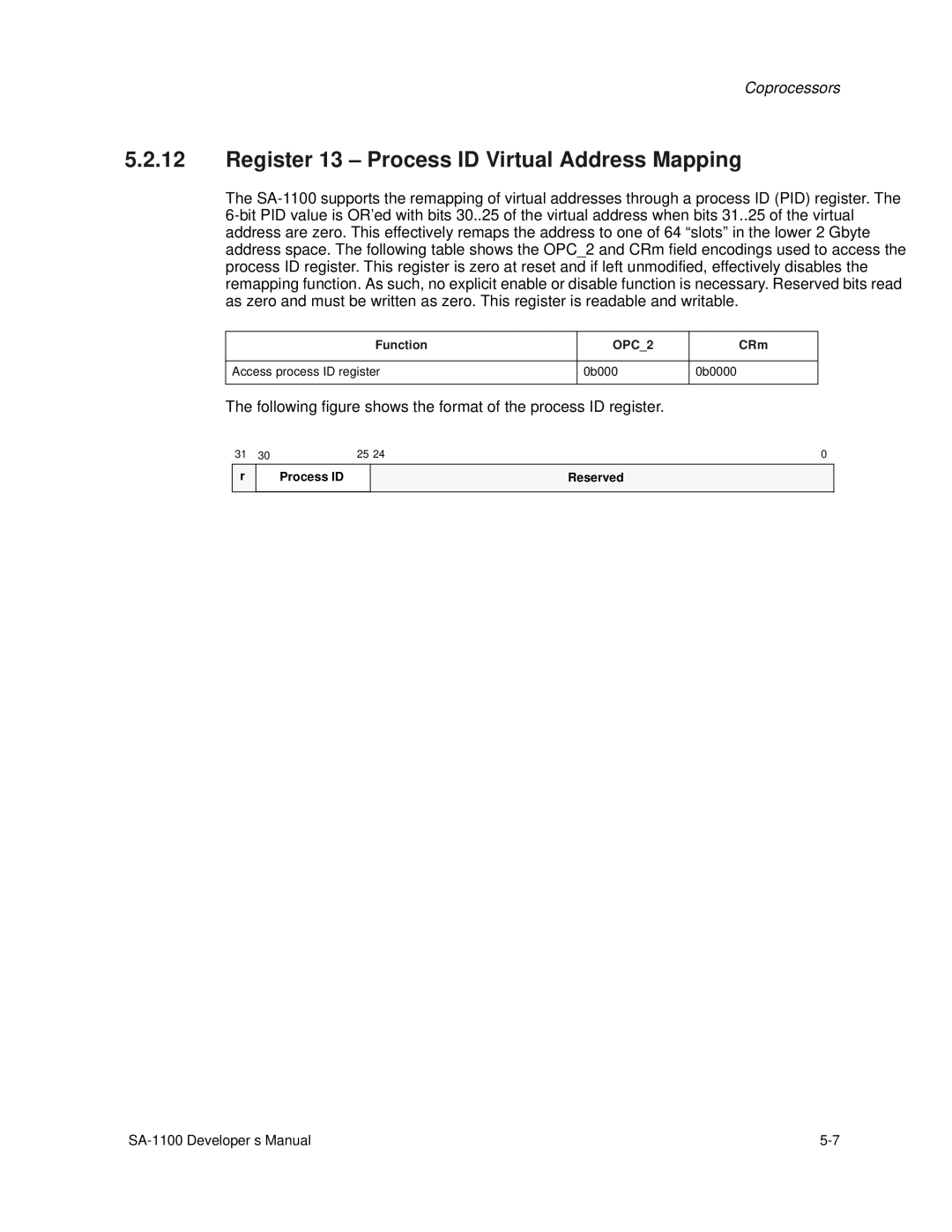 Intel SA-1100 manual Register 13 Process ID Virtual Address Mapping, CRm, Access process ID register 0b000 0b0000 