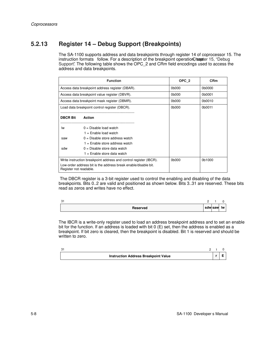 Intel SA-1100 manual Register 14 Debug Support Breakpoints, Dbcr Bit Action 