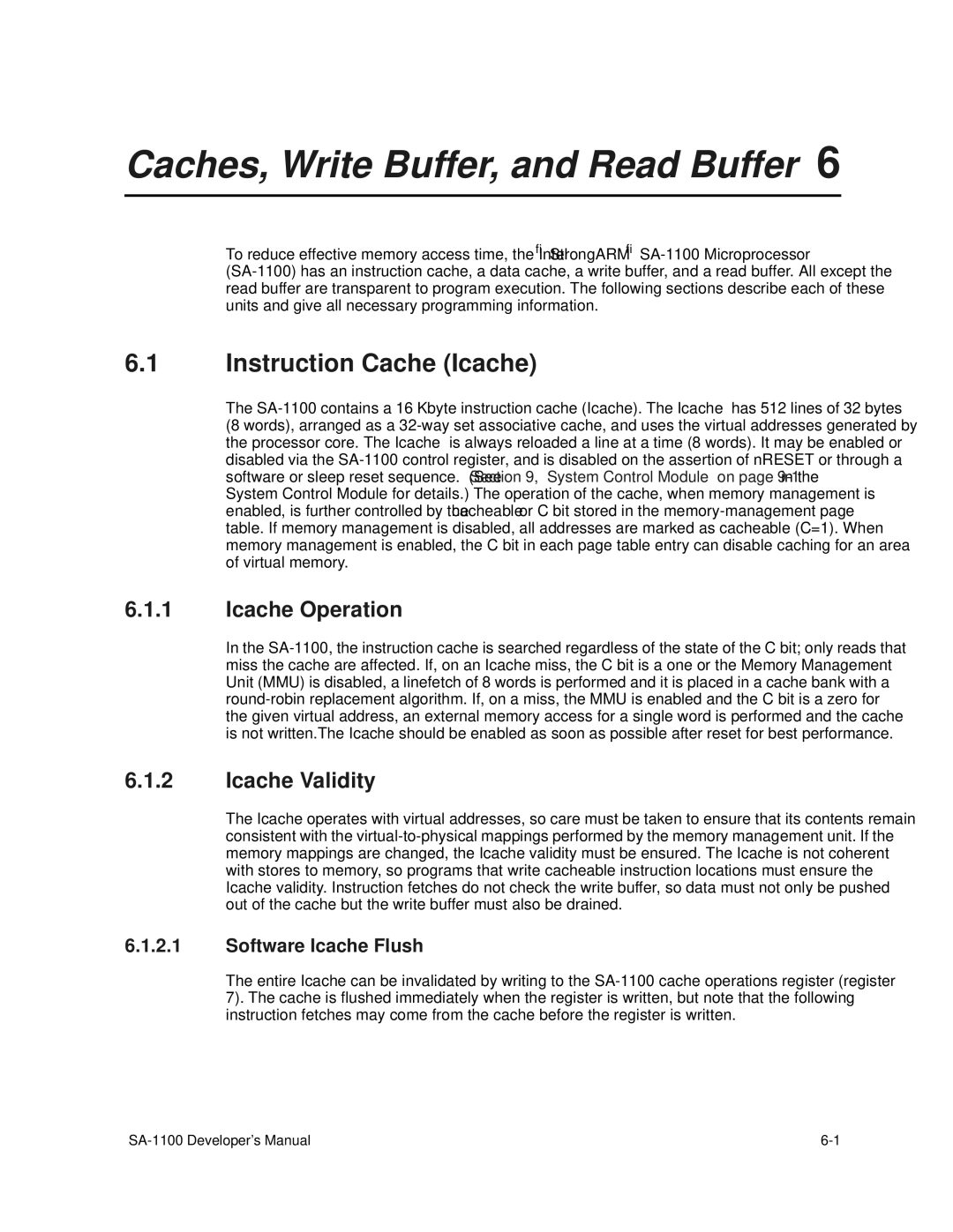 Intel SA-1100 manual Caches, Write Buffer, and Read Buffer, Instruction Cache Icache, Icache Operation, Icache Validity 