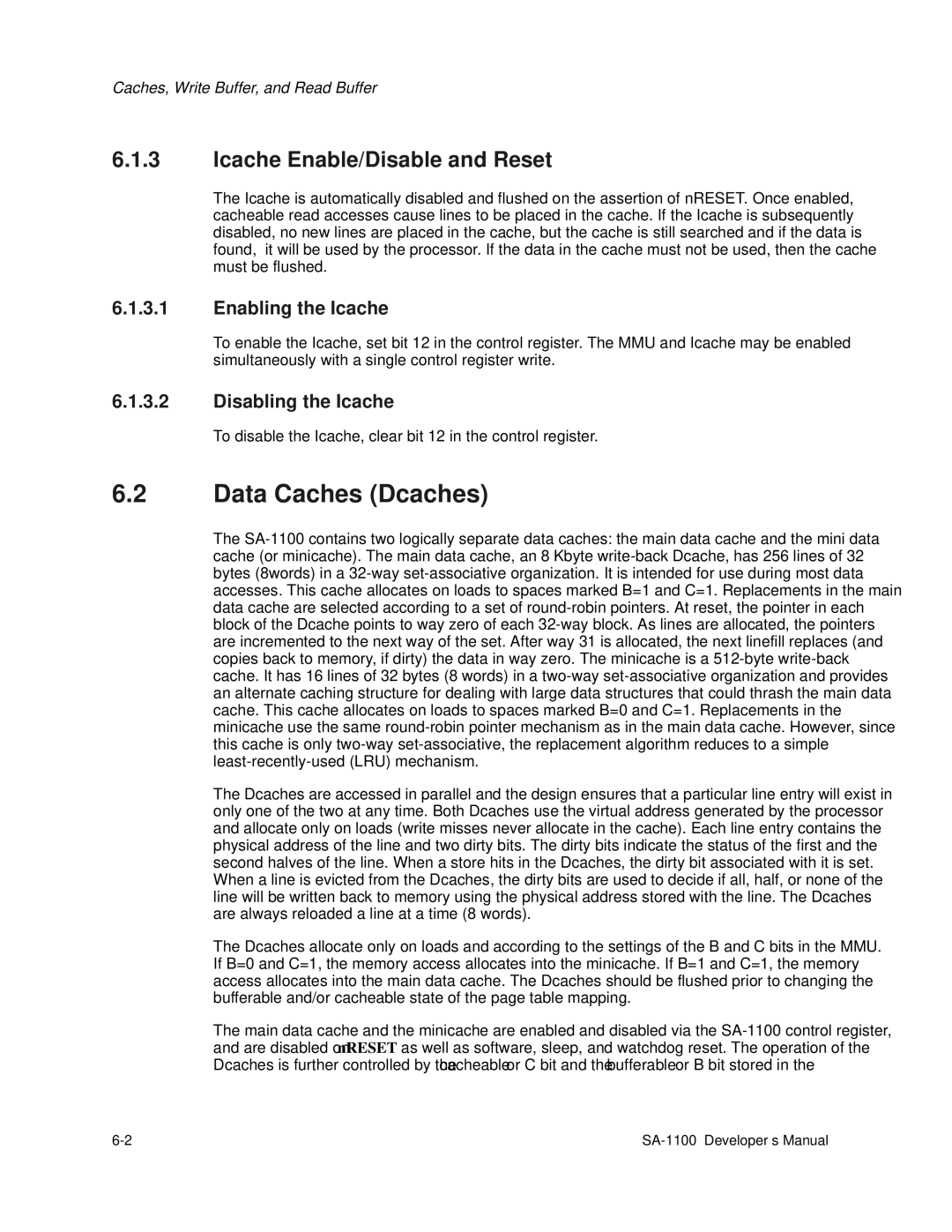 Intel SA-1100 manual Data Caches Dcaches, Icache Enable/Disable and Reset, Enabling the Icache, Disabling the Icache 