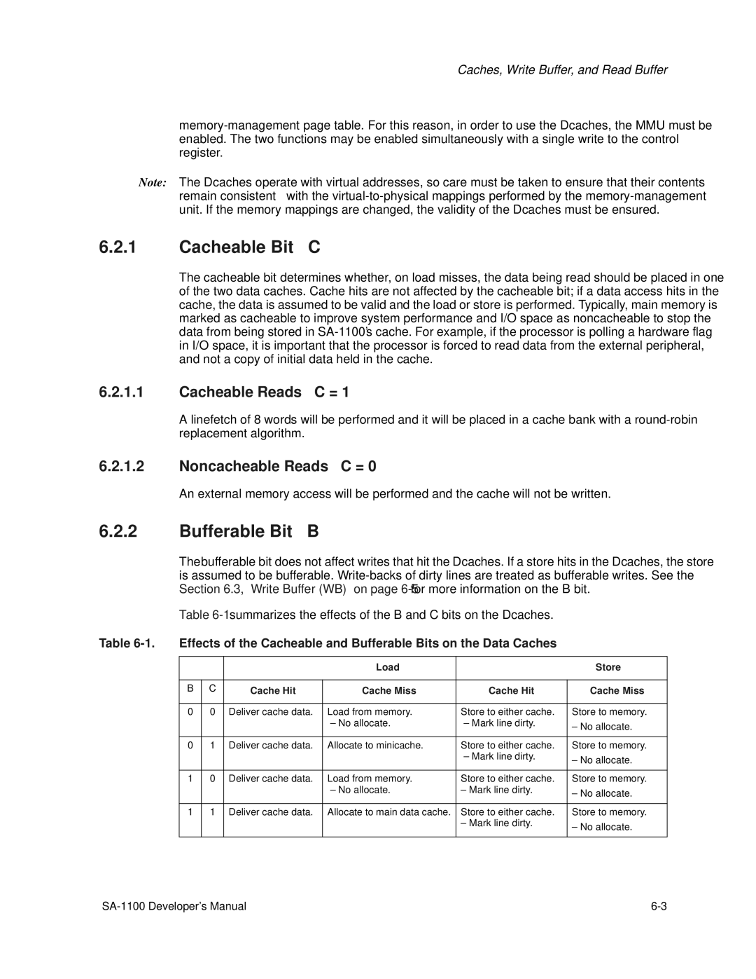 Intel SA-1100 manual Cacheable Bit C, Bufferable Bit B, Cacheable Reads C =, Noncacheable Reads C = 