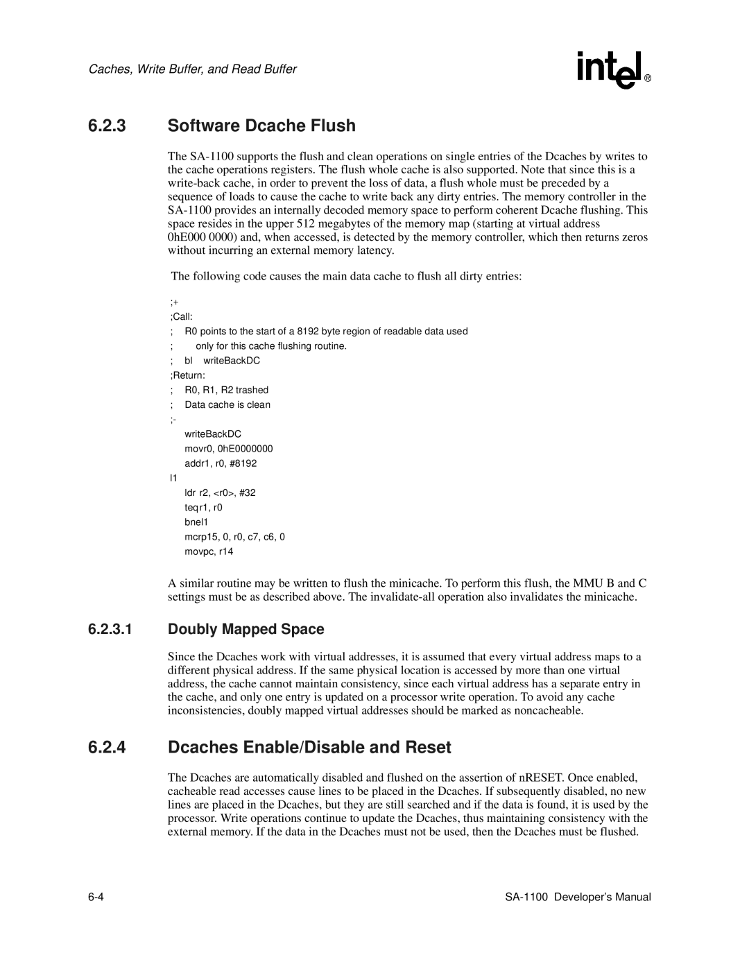 Intel SA-1100 manual Software Dcache Flush, Dcaches Enable/Disable and Reset, Doubly Mapped Space 