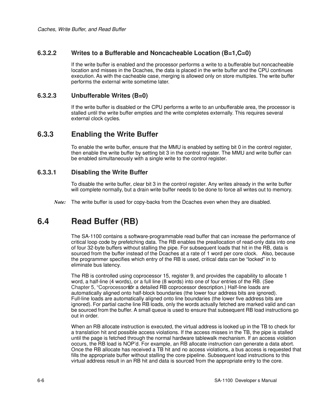 Intel SA-1100 manual Read Buffer RB, Enabling the Write Buffer, Writes to a Bufferable and Noncacheable Location B=1,C=0 