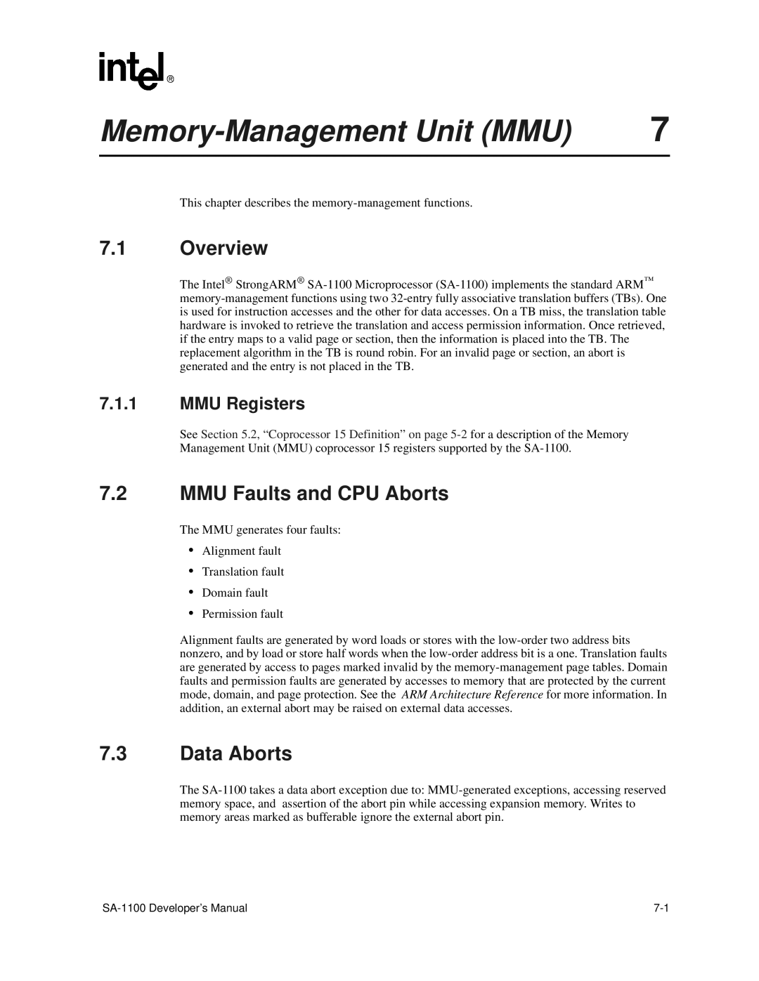 Intel SA-1100 manual Memory-Management Unit MMU, MMU Faults and CPU Aborts, Data Aborts, MMU Registers 