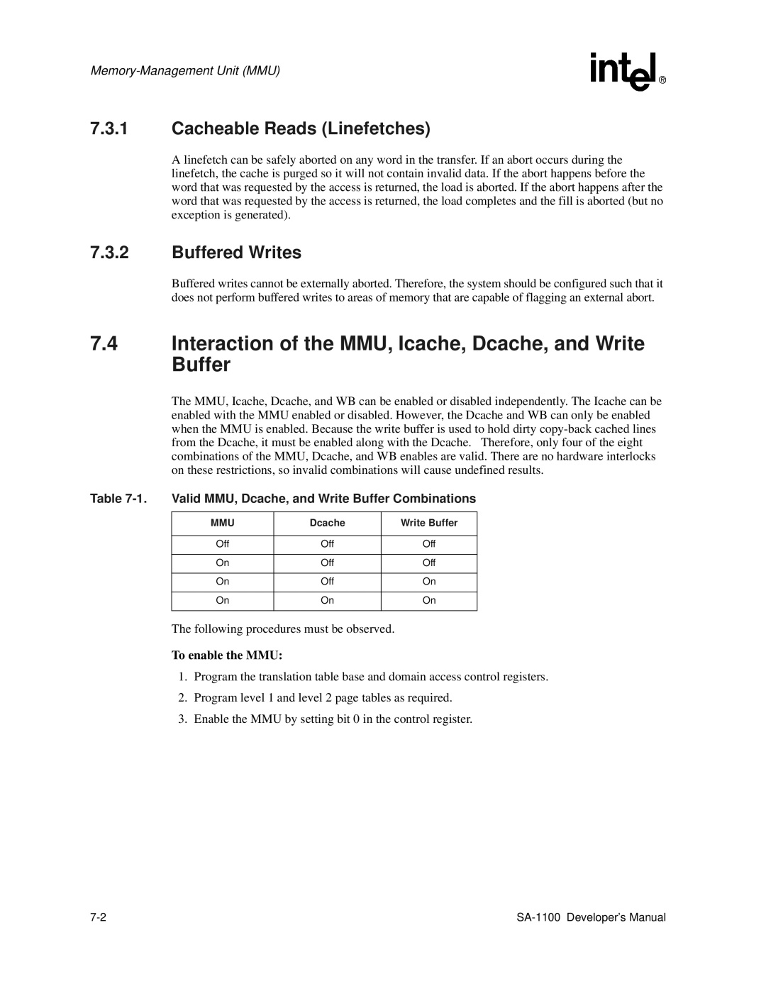 Intel SA-1100 Interaction of the MMU, Icache, Dcache, and Write Buffer, Cacheable Reads Linefetches, Buffered Writes, Mmu 