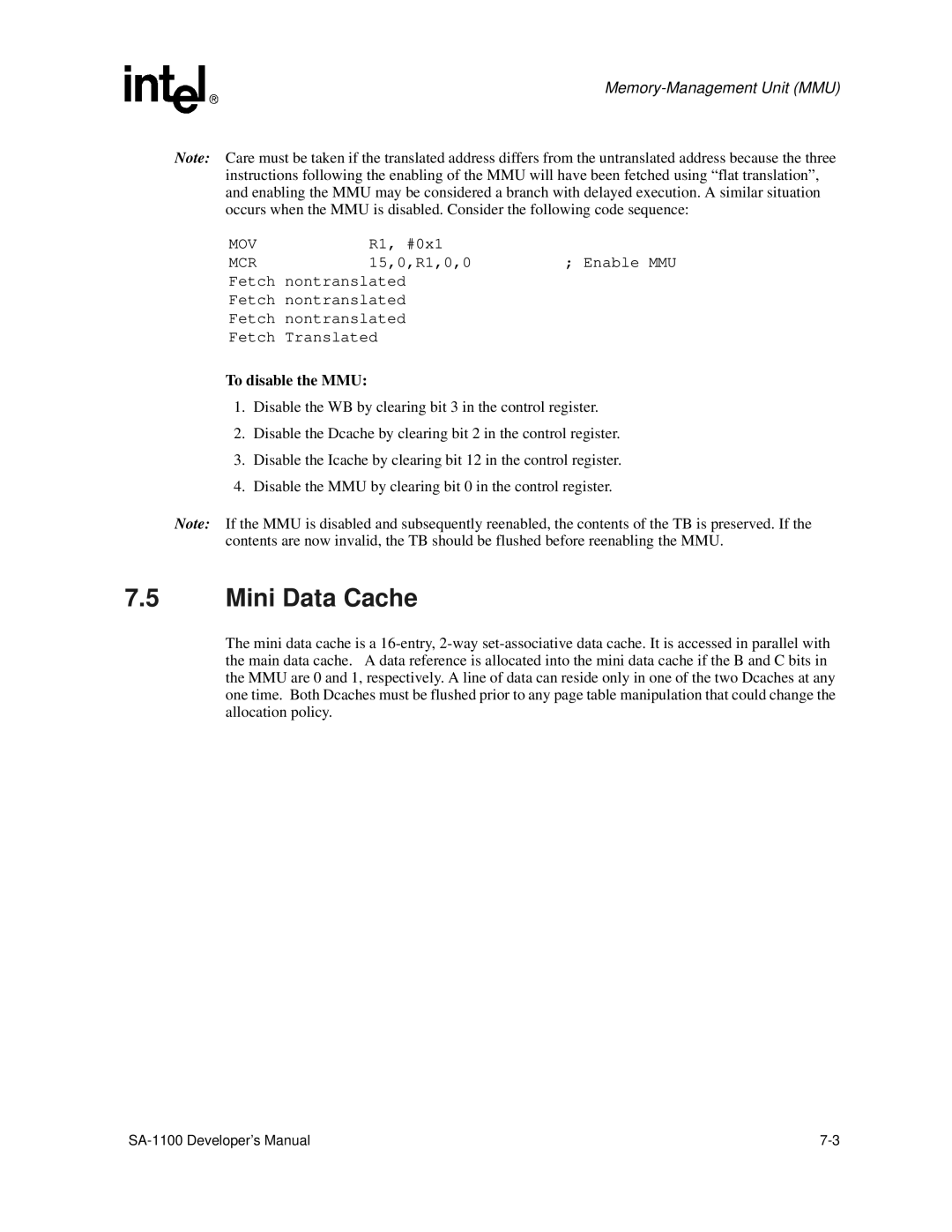 Intel SA-1100 manual Mini Data Cache, To disable the MMU 