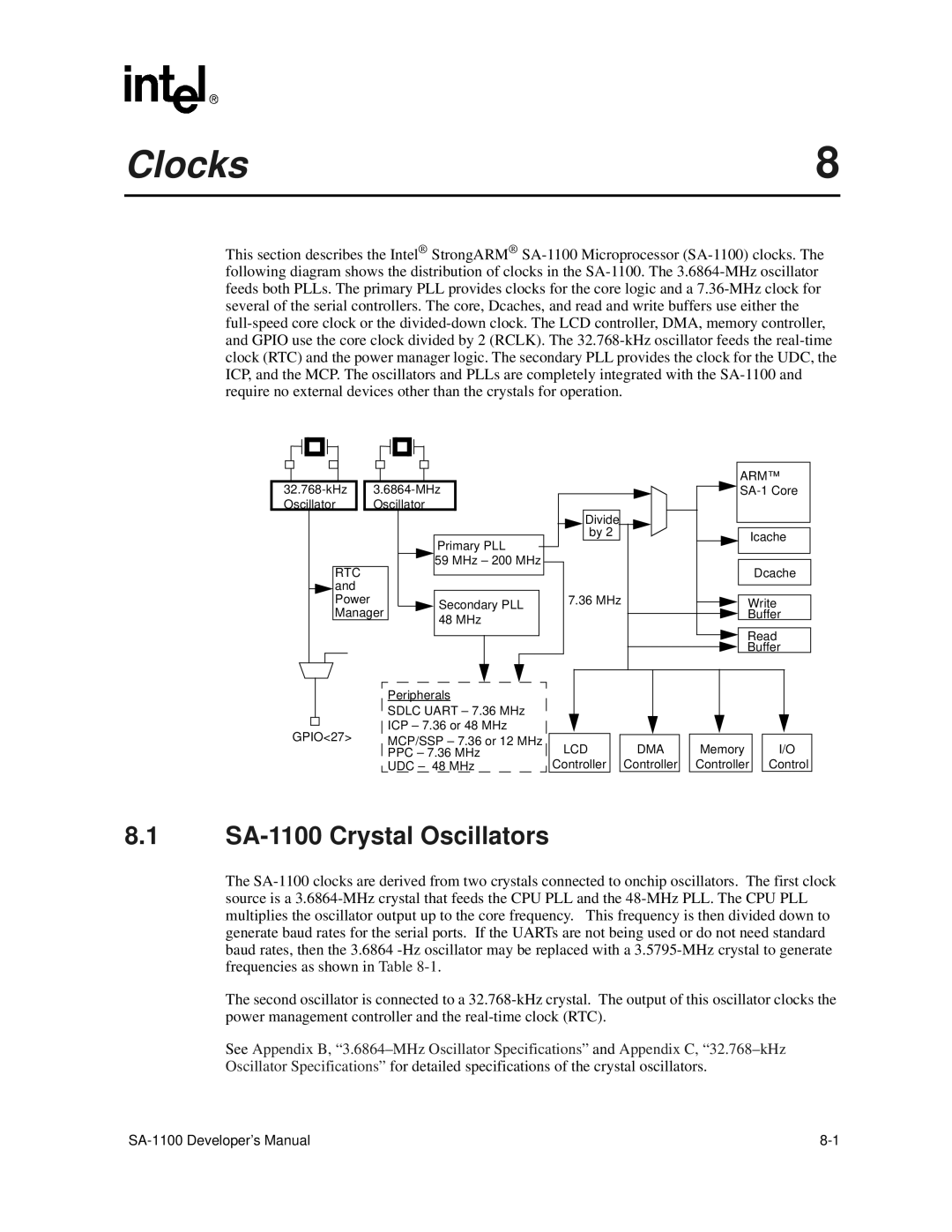 Intel manual Clocks, SA-1100 Crystal Oscillators, Rtc, Arm, Lcd Dma 