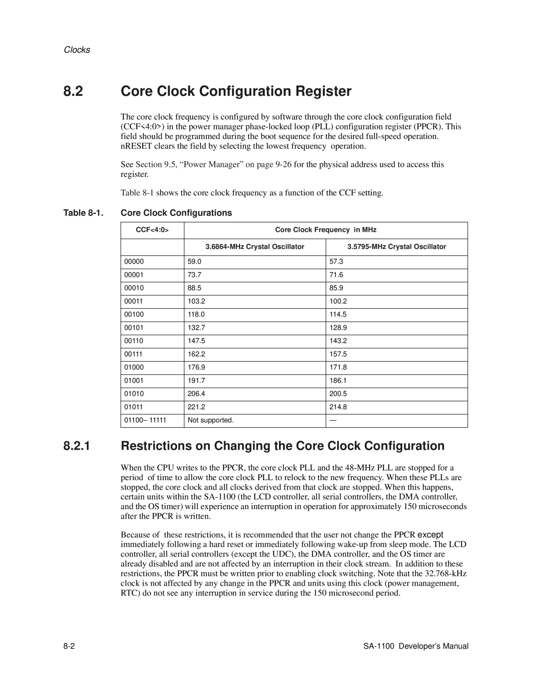 Intel SA-1100 manual Core Clock Configuration Register, Restrictions on Changing the Core Clock Configuration 