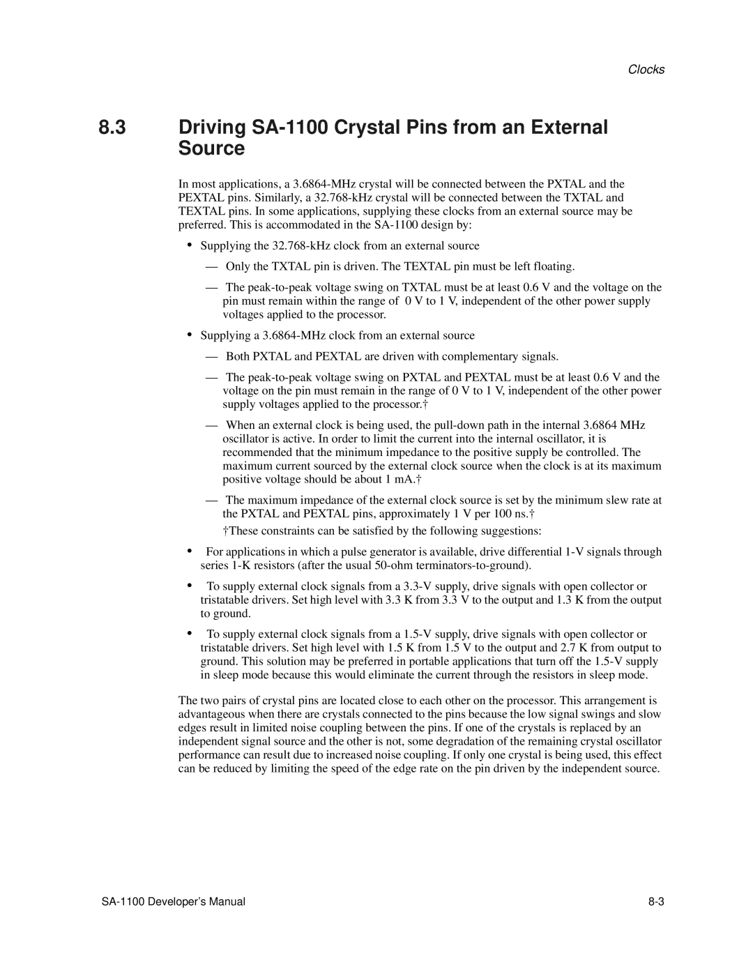 Intel manual Driving SA-1100 Crystal Pins from an External Source 