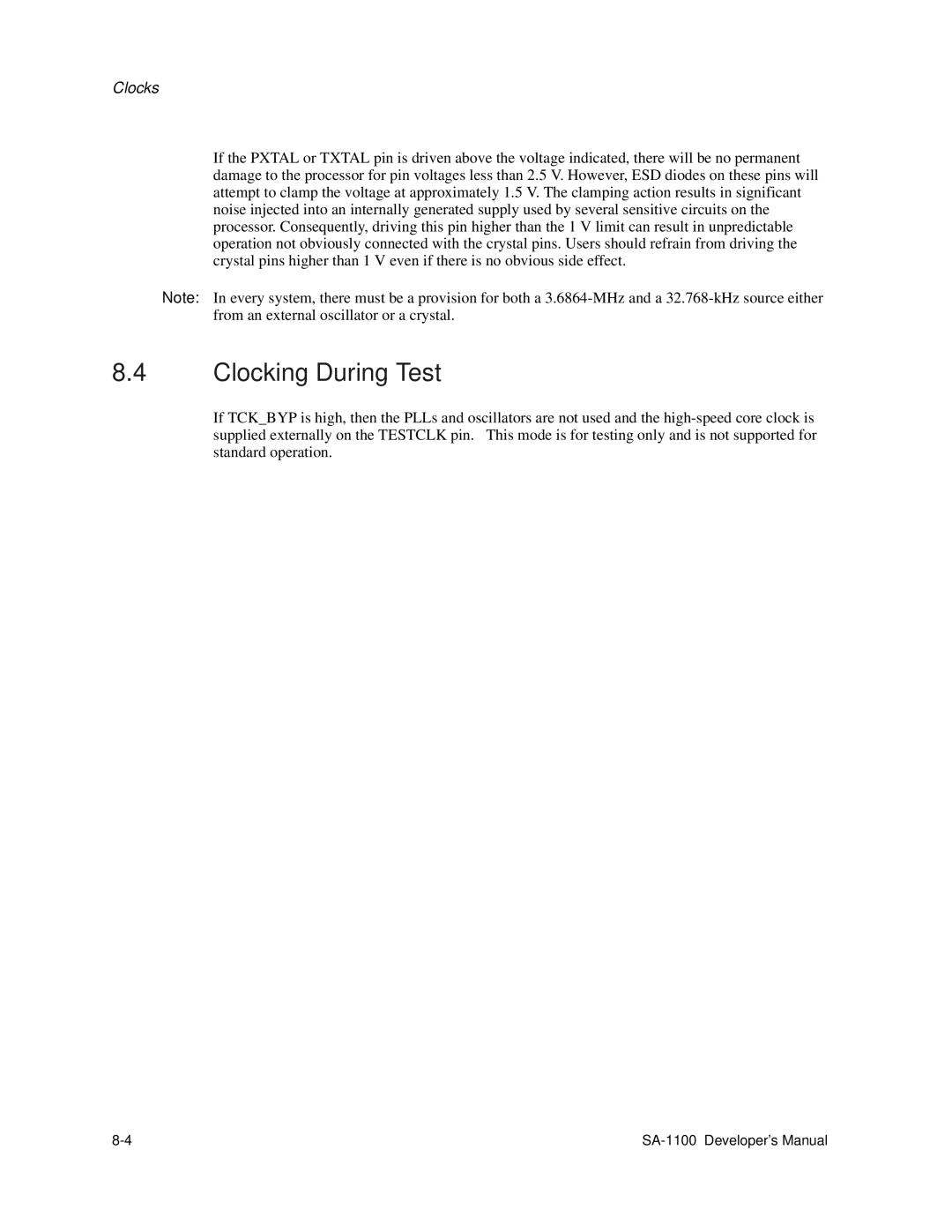 Intel SA-1100 manual Clocking During Test 