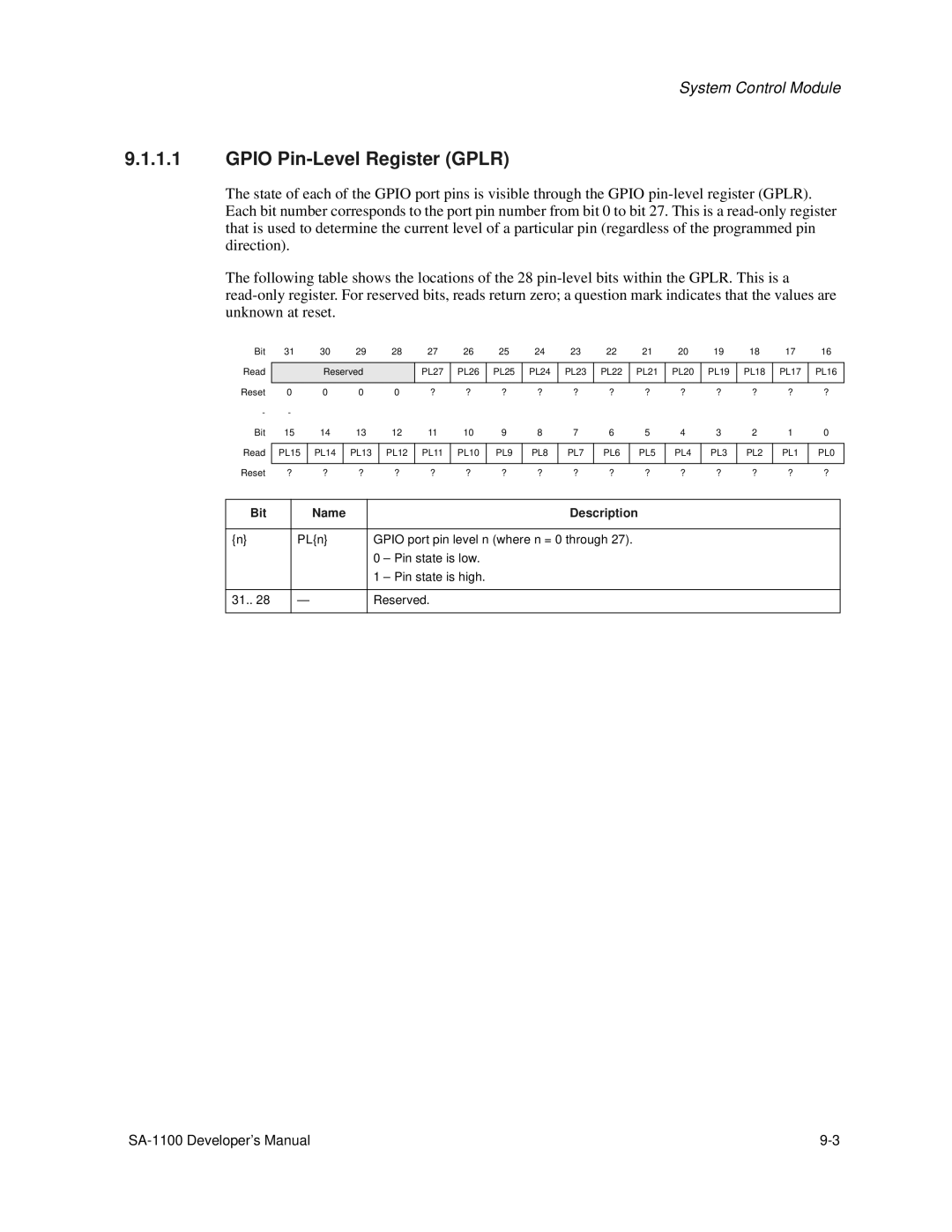 Intel SA-1100 manual Gpio Pin-Level Register Gplr, Bit Name Description 