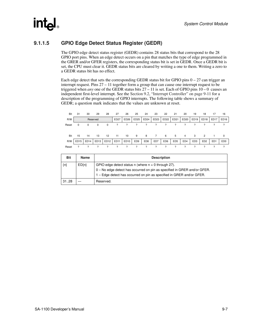 Intel SA-1100 manual Gpio Edge Detect Status Register Gedr 