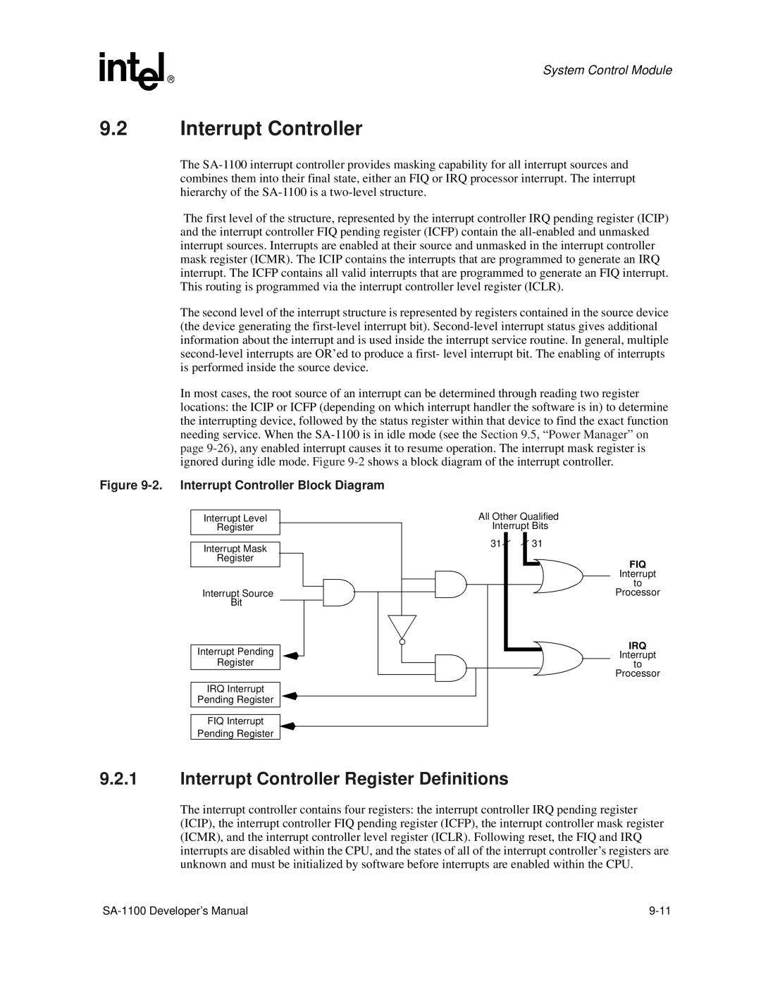 Intel SA-1100 manual Interrupt Controller Register Definitions, Interrupt Bits 