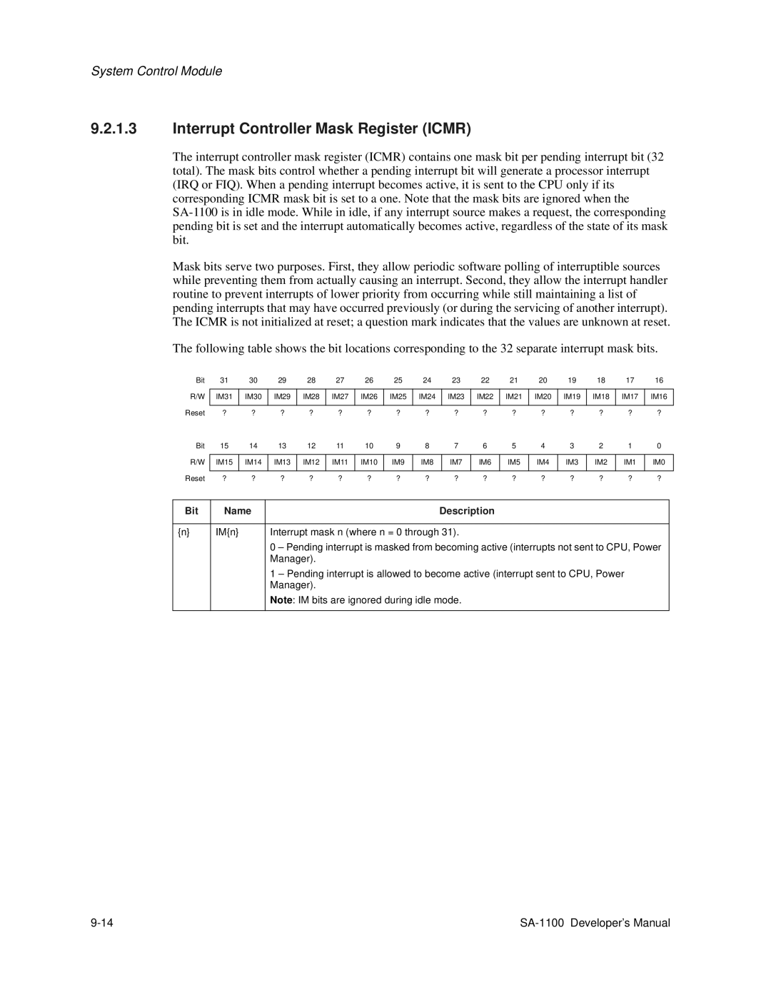 Intel SA-1100 manual Interrupt Controller Mask Register Icmr, IMn Interrupt mask n where n = 0 through 