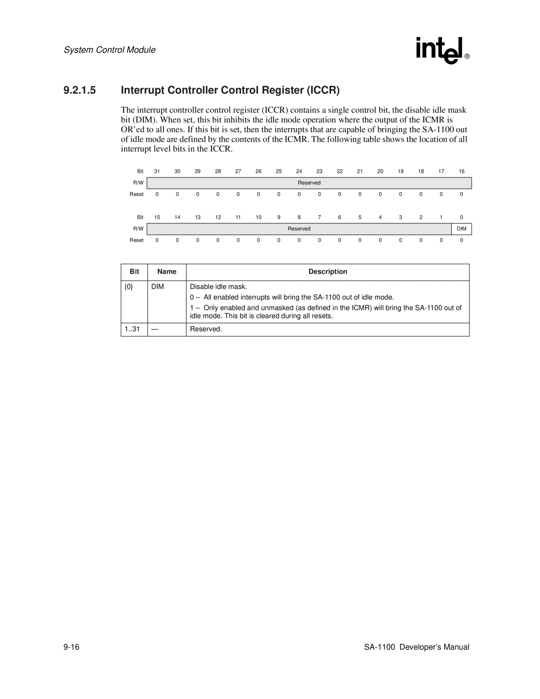 Intel SA-1100 manual Interrupt Controller Control Register Iccr, Dim, Disable idle mask 