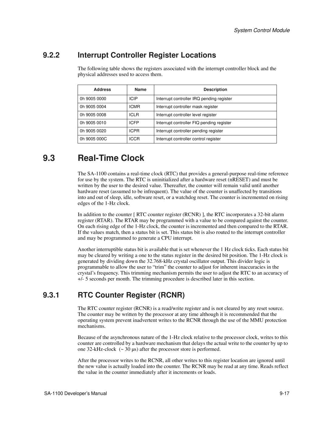 Intel SA-1100 manual Real-Time Clock, Interrupt Controller Register Locations, RTC Counter Register Rcnr 