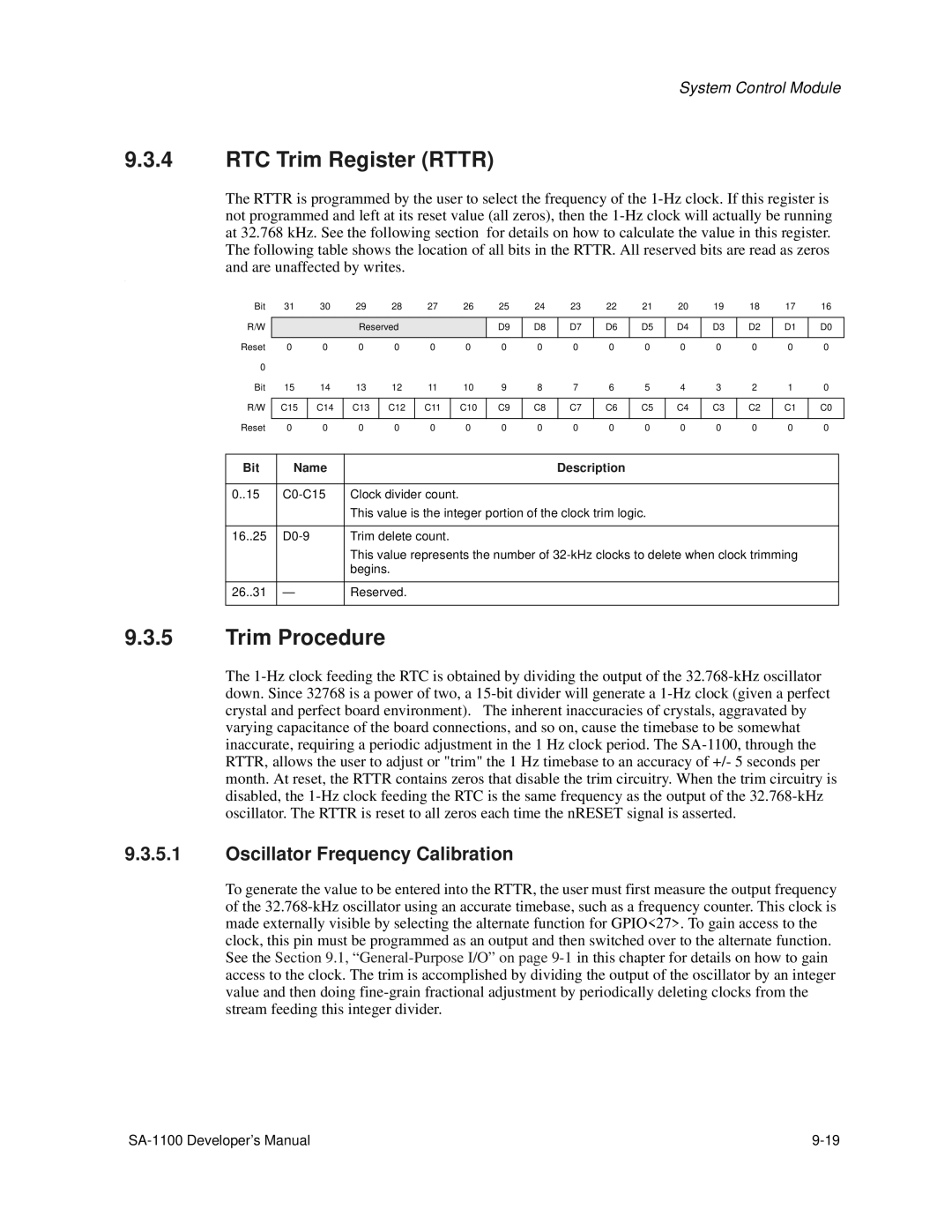 Intel SA-1100 manual RTC Trim Register Rttr, Trim Procedure, Oscillator Frequency Calibration 