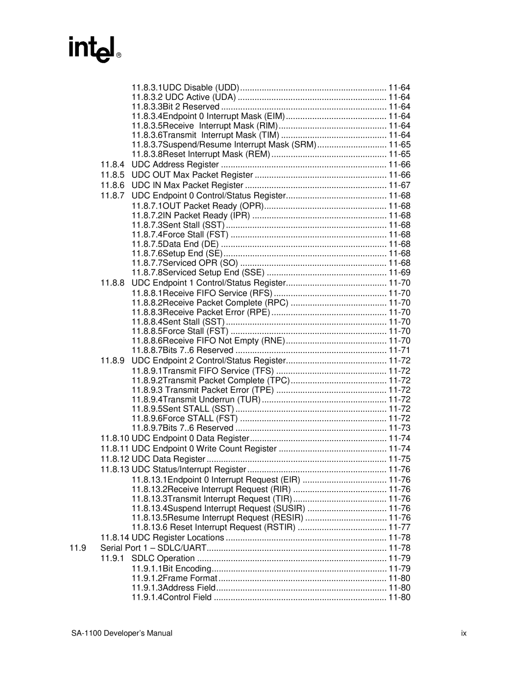 Intel SA-1100 manual 11.8.3.4Endpoint 0 Interrupt Mask EIM 11-64 11.8.3.5Receive 