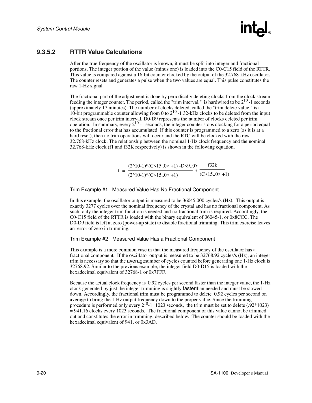 Intel SA-1100 manual Rttr Value Calculations, Trim Example #1 Measured Value Has No Fractional Component 