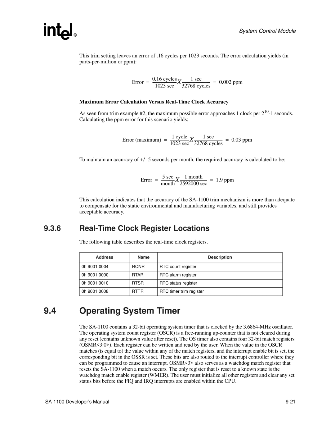 Intel SA-1100 manual Operating System Timer, Real-Time Clock Register Locations 