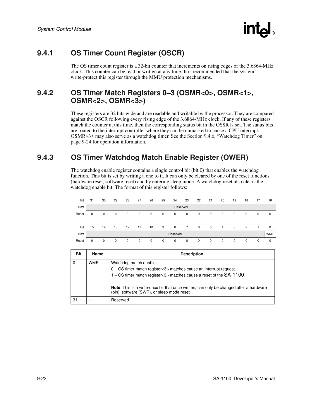 Intel SA-1100 manual OS Timer Count Register Oscr, OS Timer Match Registers 0-3 OSMR0, OSMR1, OSMR2, OSMR3, Wme 