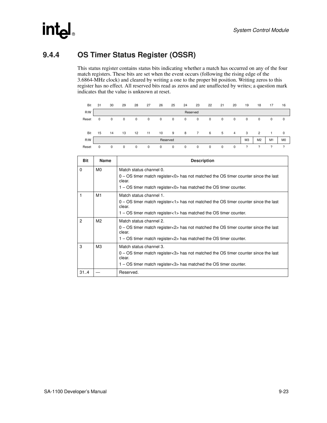 Intel SA-1100 manual OS Timer Status Register Ossr 