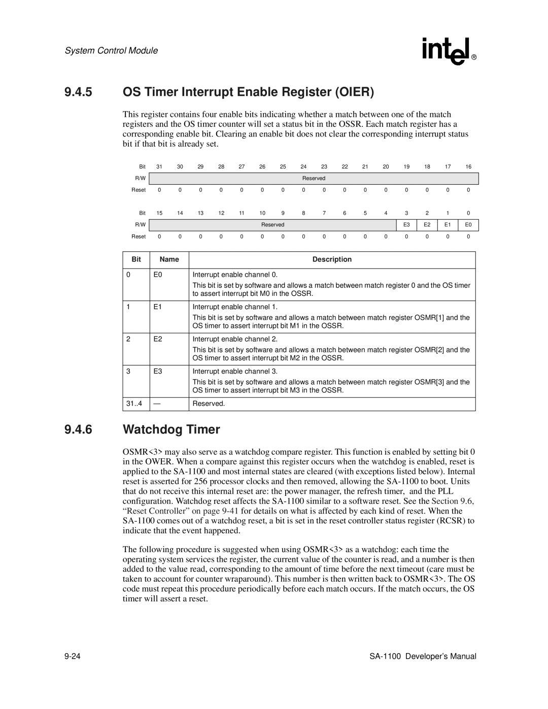 Intel SA-1100 manual OS Timer Interrupt Enable Register Oier, Watchdog Timer, Interrupt enable channel 