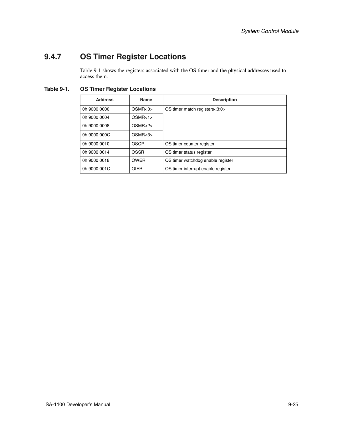 Intel SA-1100 manual OS Timer Register Locations 