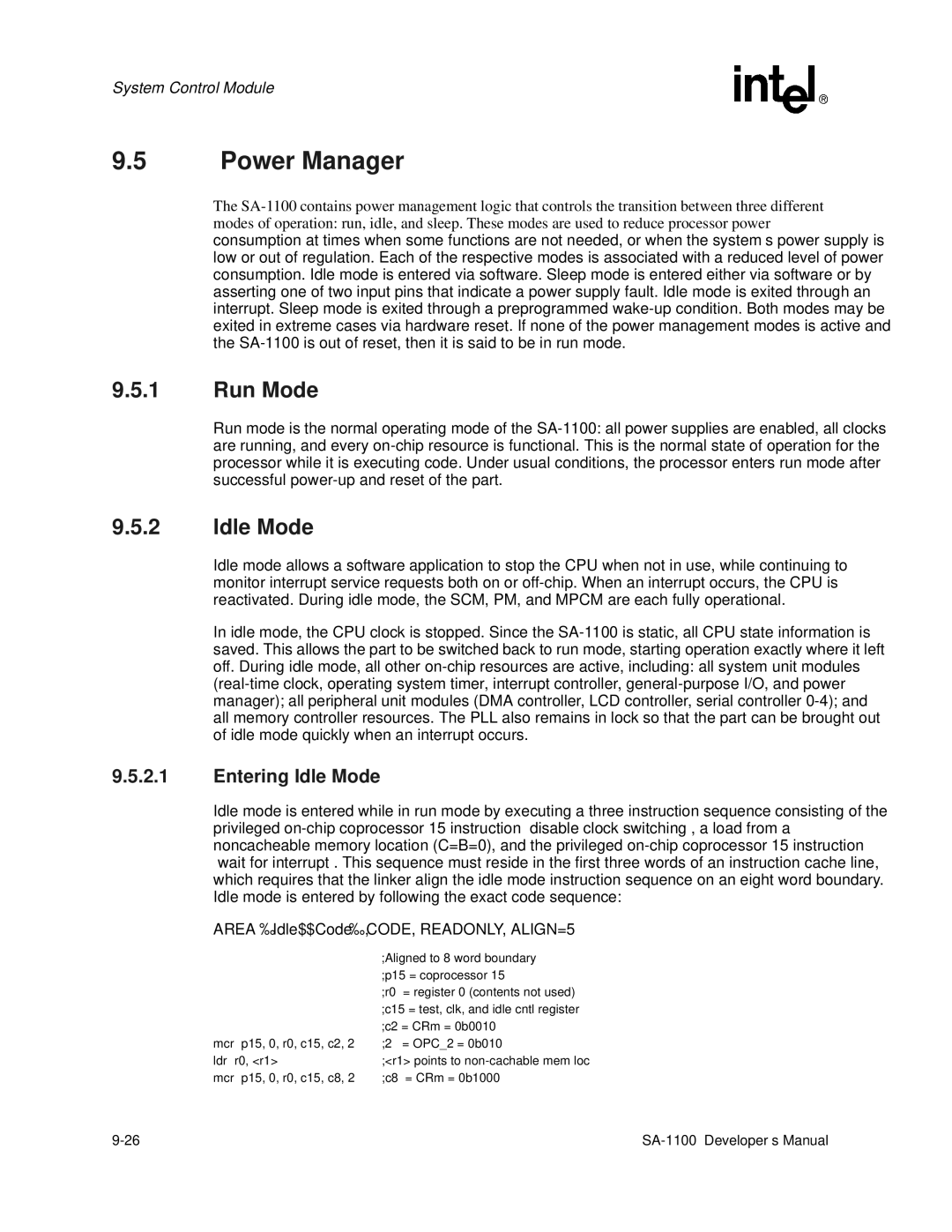 Intel SA-1100 manual Power Manager, Run Mode, Entering Idle Mode 