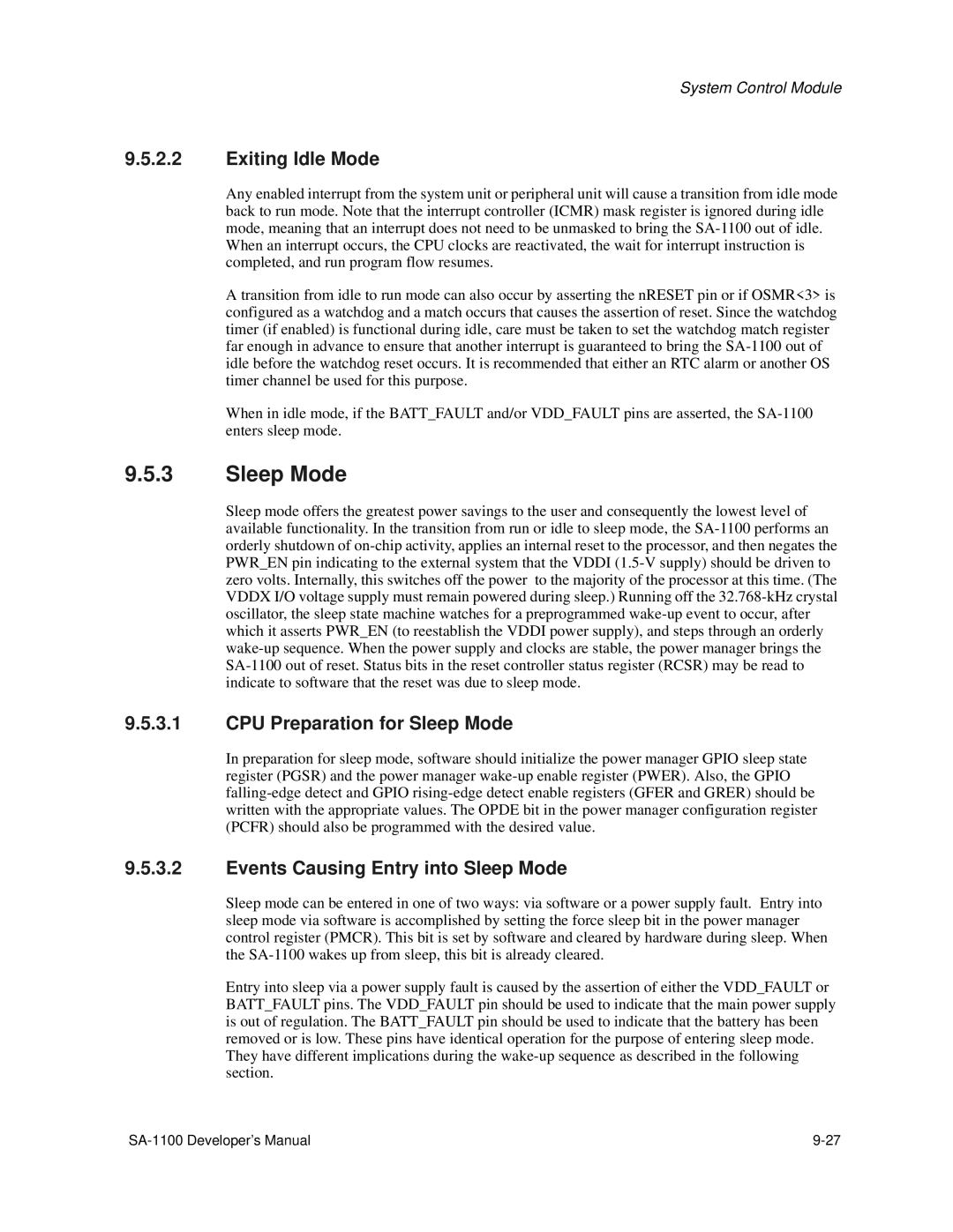 Intel SA-1100 manual Exiting Idle Mode, CPU Preparation for Sleep Mode, Events Causing Entry into Sleep Mode 