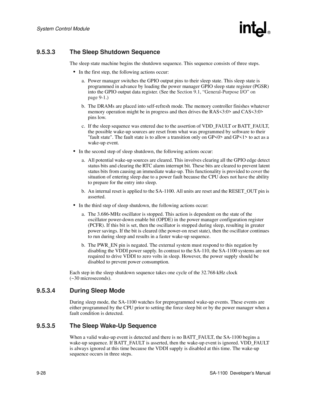 Intel SA-1100 manual Sleep Shutdown Sequence, During Sleep Mode, Sleep Wake-Up Sequence 