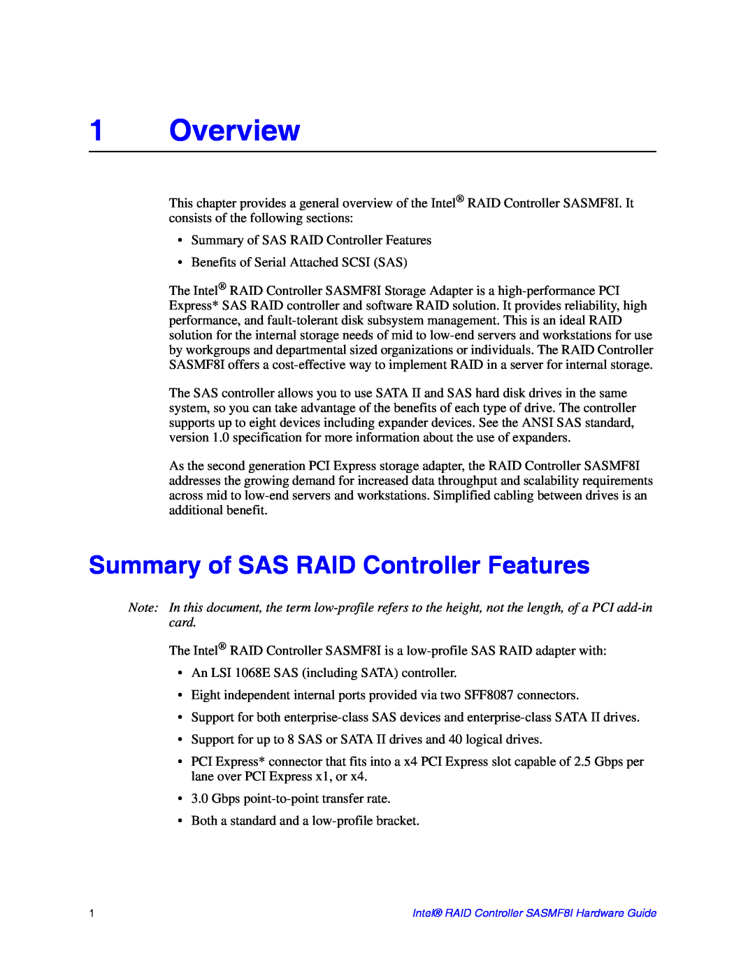 Intel SASMF8I manual Overview, Summary of SAS RAID Controller Features 
