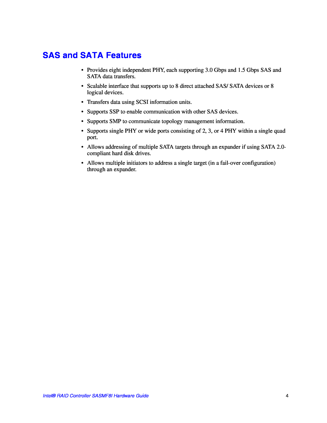 Intel SASMF8I manual SAS and SATA Features 