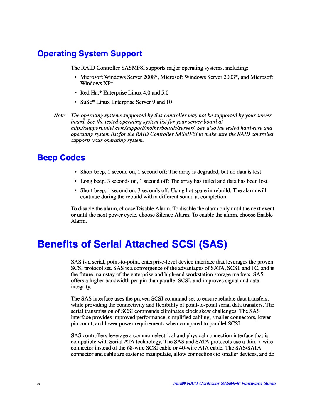 Intel SASMF8I manual Benefits of Serial Attached SCSI SAS, Operating System Support, Beep Codes 