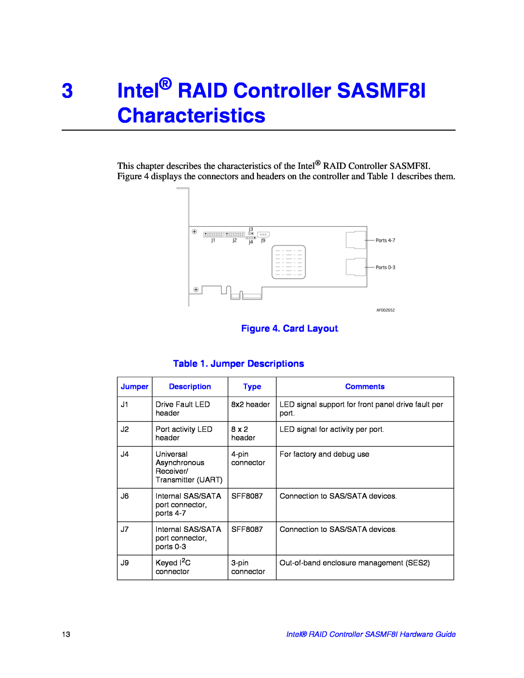 Intel manual 3Intel RAID Controller SASMF8I Characteristics, Card Layouts, Jumper Descriptions 