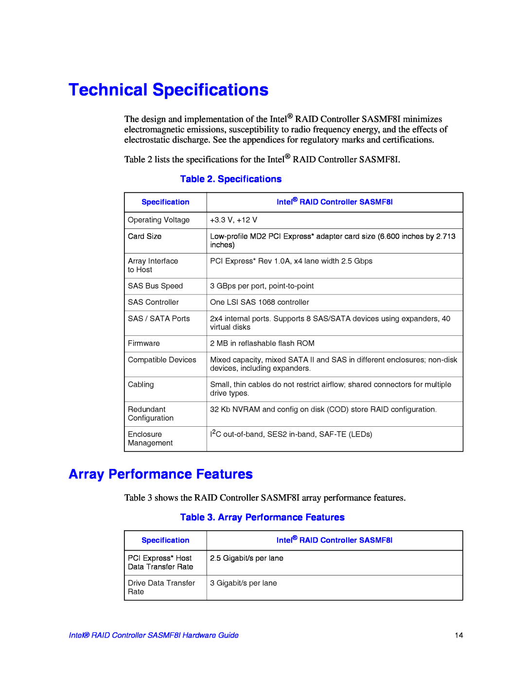 Intel SASMF8I manual Technical Specifications, Array Performance Features 
