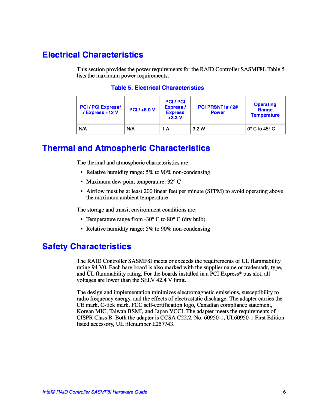 Intel SASMF8I manual Electrical Characteristics, Thermal and Atmospheric Characteristics, Safety Characteristics 