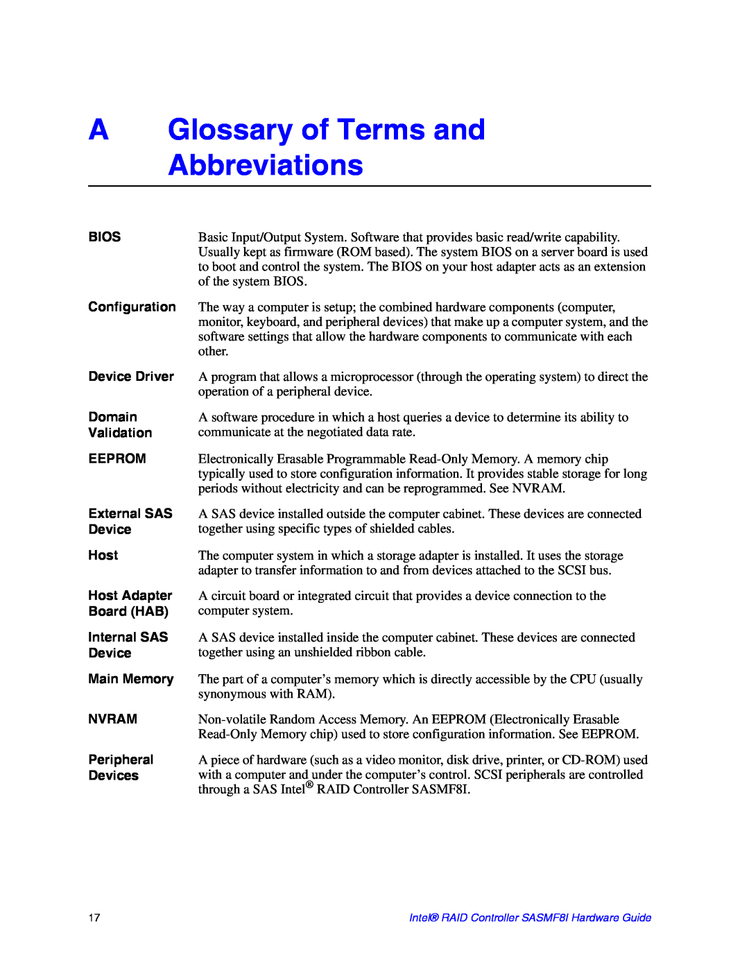 Intel SASMF8I manual AGlossary of Terms and Abbreviations 