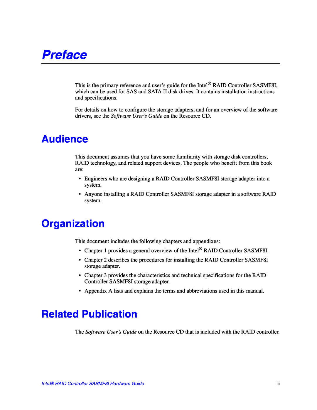 Intel SASMF8I manual Audience, Organization, Related Publication, Preface 