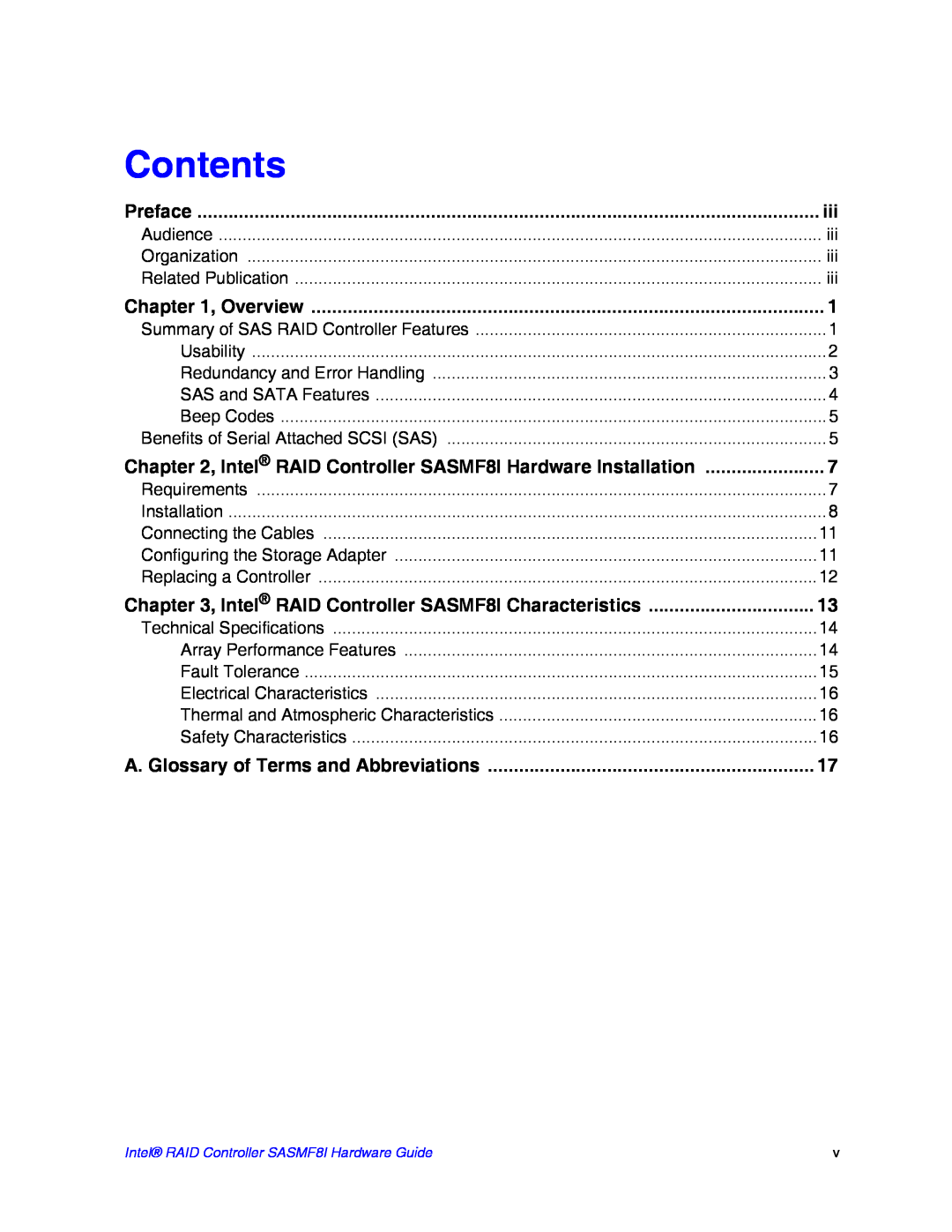 Intel SASMF8I manual Contents 