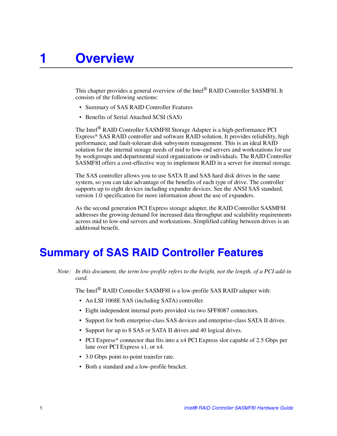 Intel SASMF8I manual Overview, Summary of SAS RAID Controller Features 