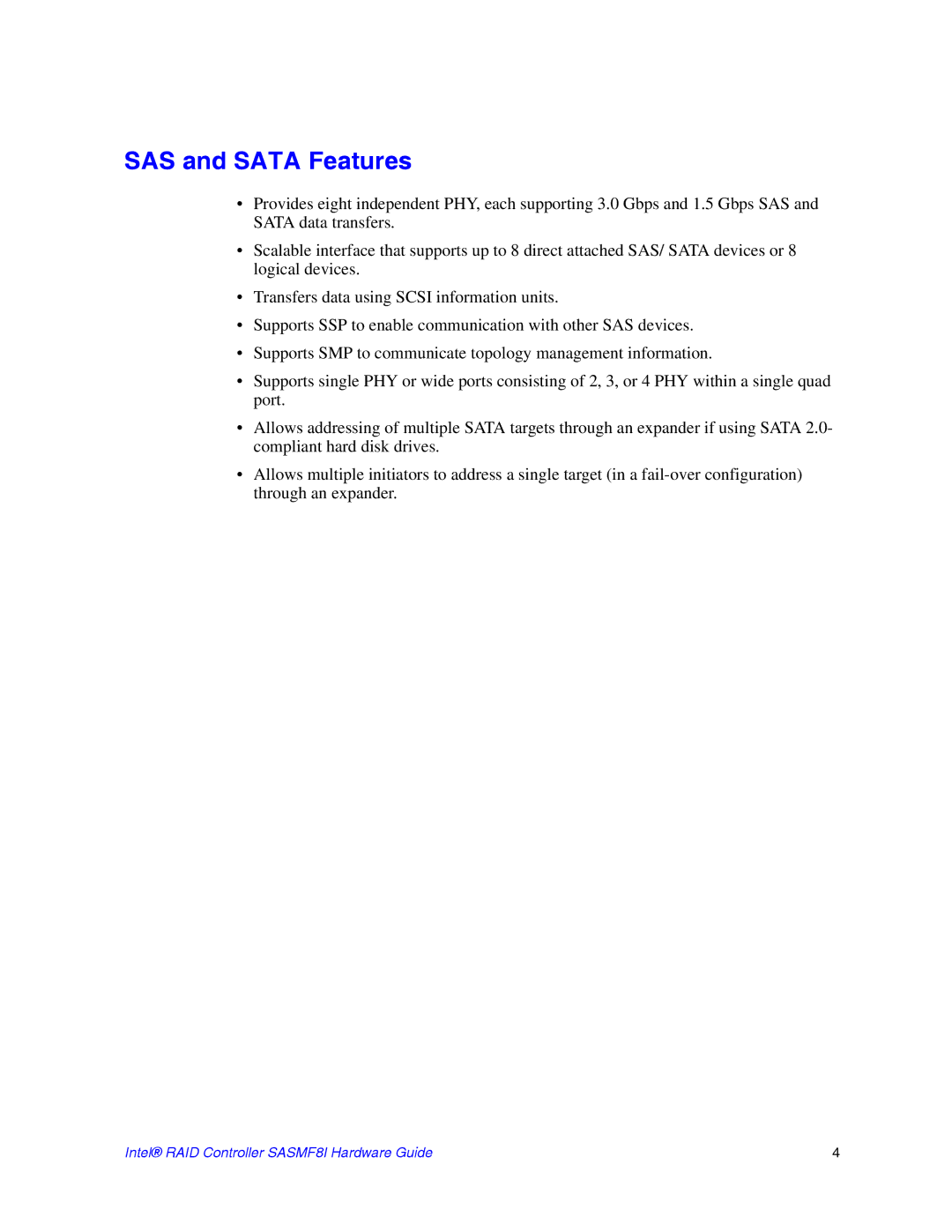 Intel SASMF8I manual SAS and Sata Features 