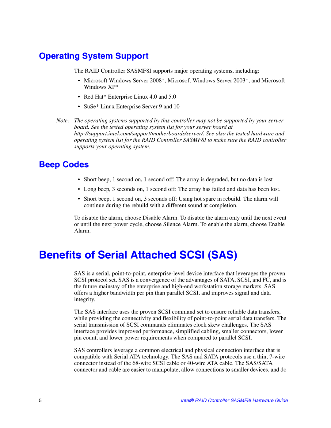 Intel SASMF8I manual Benefits of Serial Attached Scsi SAS, Operating System Support, Beep Codes 