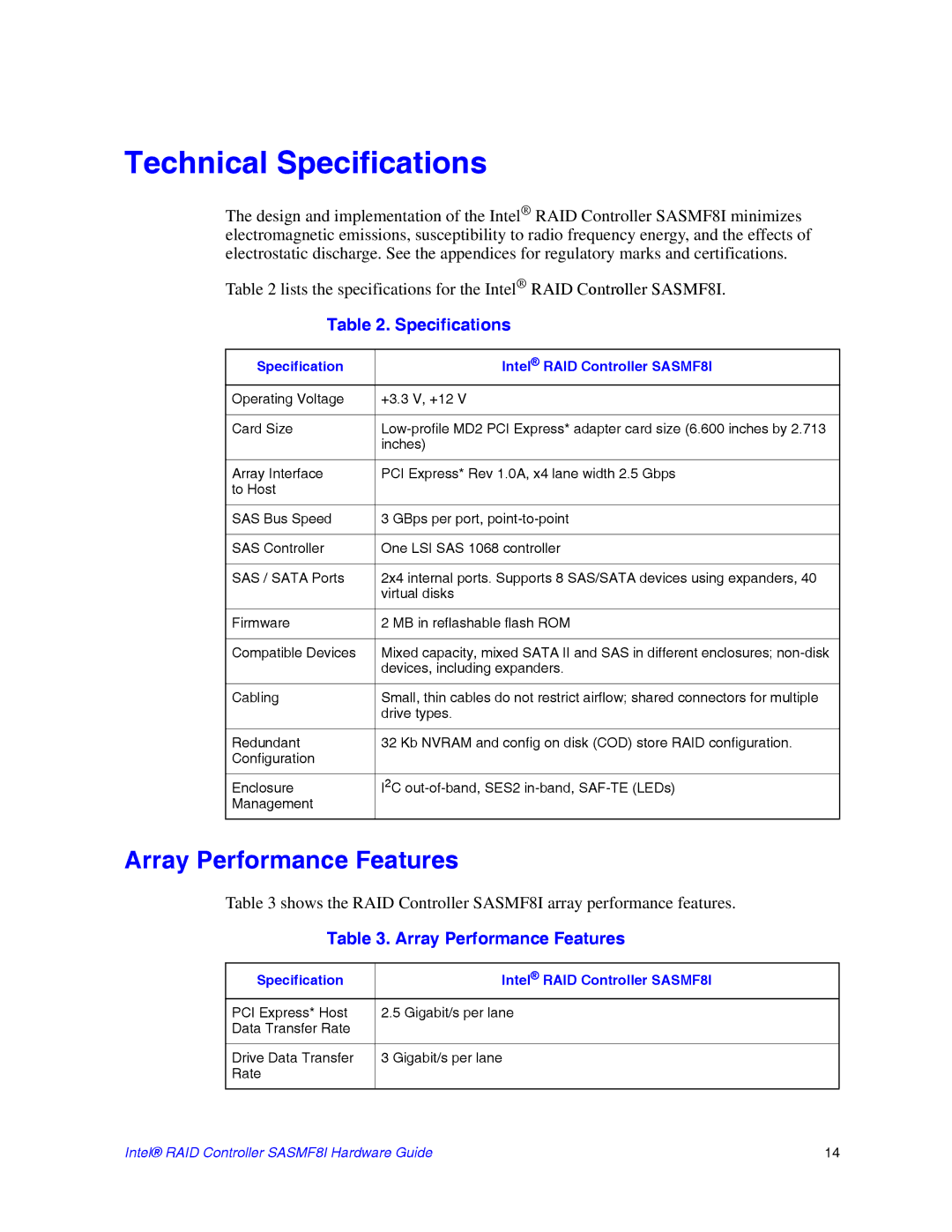 Intel SASMF8I manual Technical Specifications, Array Performance Features 